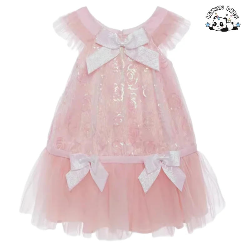 LEZONKIDS - Sequined Girl Dress Girls Ruffle Tulle Short Sleeve Sequin Tulle Dresses for Girls